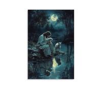 WJHJZQYY By A Moonlit Stream, Jesus Cradles A Lost Lamb While The Reflection of A Stalking Wolf Ripples in The Water Nearby. Decorative Wall Mural Modern Hanging Art Poster08x12inch(20x30cm)