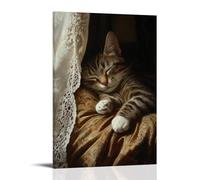 WJHJZQYY Dutch Golden Age Portrait of A Sleepy Tabby Cat Curled on A Velvet Cushion, Sunlight Dappling Through Lace Curtains Decorative Wall Mural Modern Hanging Art Poster08x12inch(20x30cm)