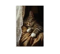 WJHJZQYY Dutch Golden Age Portrait of A Sleepy Tabby Cat Curled on A Velvet Cushion, Sunlight Dappling Through Lace Curtains Decorative Wall Mural Modern Hanging Art Poster20x30inch(50x75cm)
