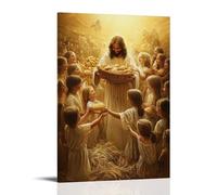 WJHJZQYY Jesus Feeding The Hungry Under A Golden Sky, Children Gathering Joyfully with Arms Full of Miracle-born Bread. Decorative Wall Mural Modern Hanging Art Poster16x24inch(40x60cm)