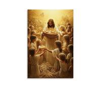 WJHJZQYY Jesus Feeding The Hungry Under A Golden Sky, Children Gathering Joyfully with Arms Full of Miracle-born Bread. Decorative Wall Mural Modern Hanging Art Poster24x36inch(60x90cm)