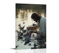 WJHJZQYY Jesus Feeds A Flock of Birds by The Shore, Their Wings And His Hand Forming Mirrored Halos in The Water. Decorative Wall Mural Modern Hanging Art Poster08x12inch(20x30cm)
