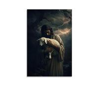 WJHJZQYY Jesus Holds The Lamb Against His Chest As Thunder Rolls And A Dark Shape Moves Just beyond The Storm-lit Trees. Decorative Wall Mural Modern Hanging Art Poster12x18inch(30x45cm)