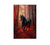 WJHJZQYY Legendary Creature Oil Painting- A Black Unicorn Walking through A Forest of Glowing Red Leaves Decorative Wall Mural Modern Hanging Art Poster16x24inch(40x60cm)