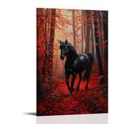 WJHJZQYY Legendary Creature Oil Painting- A Black Unicorn Walking through A Forest of Glowing Red Leaves Decorative Wall Mural Modern Hanging Art Poster08x12inch(20x30cm)