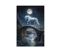 WJHJZQYY Legendary Creature Oil Painting- A Moonlight Unicorn Crossing A Bridge Made of Stardust And Silence Decorative Wall Mural Modern Hanging Art Poster20x30inch(50x75cm)