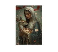 WJHJZQYY Mary Shelters A Wounded Deer in Her Arms Beneath A Sky of Falling Petals And Fading War Banners. Decorative Wall Mural Modern Hanging Art Poster12x18inch(30x45cm)