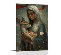 WJHJZQYY Mary Shelters A Wounded Deer in Her Arms Beneath A Sky of Falling Petals And Fading War Banners. Decorative Wall Mural Modern Hanging Art Poster16x24inch(40x60cm)