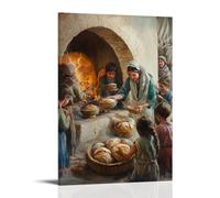 WJHJZQYY She Prepares Loaves in A Clay Oven As Children Gather with Bowls, Their Laughter Echoing in Holy Space. Decorative Wall Mural Modern Hanging Art Poster24x36inch(60x90cm)