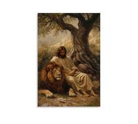 WJHJZQYY The Wounded Lion Rests Beside Jesus Under A Fig Tree, Both Healed in Silence. Decorative Wall Mural Modern Hanging Art Poster20x30inch(50x75cm)