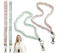 WJIAAA 2 Pack Scrunchie Lanyard with Lobster Clasp, Stretchy Floral Retractable Keychain for ID Badges and Keys(Pink and Green)