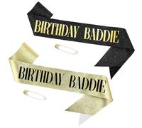 WJIAAA 2Pcs Birthday Baddie Sash, Glitter with Gold Foil Sash, Black Soft Glitter Birthday Sashes Funny Sparkly Satin Party Accessories for Women Men