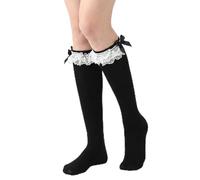 WJIAAA Black Lace Knee High Socks Cute White Solid Knee High Socks Soft Lace Ruffle Bow Women Girl Bow-knot Sock over the Knees Tube Sock Thigh Stockings Princess Loli Wear Dance Girls (Black)
