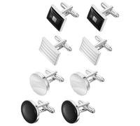 WJIAAA Men's Classic Cufflinks Cuff Links, 8 Pcs Silver Black Striped Cufflinks Disc Square Rectangle Cuff Links Shirt for Father Husband Elegant Gift Wedding Banquet Groom Business