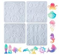 WJIAAA Ocean Theme Silicone Molds, 4PCS Marine Theme Cake Fondant Silicone Mold, Marine Life Resin Eearring Molds for Jewelry Making Jellyfish Shell Starfish DIY Craft Supplies Cake Candy Polymer