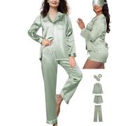 WJing Yi Jia 5Pcs Womens Silk Satin Pajamas Sets Long Pj Sets Button Down Pjs Set Sleepwear, Sage, XXL