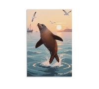 WJJAYLSS A Sea Lion Leaping in The Water, Body Jumping Out of The Surface Contemporary Wall Mural Art Decorative Hanging Poster08x12inch(20x30cm)