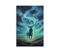 WJJAYLSS Legendary Creature Oil Painting- A Dream Stag Stepping through Aurora Fields Under Cosmic Constellations Contemporary Wall Mural Art Decorative Hanging Poster16x24inch(40x60cm)
