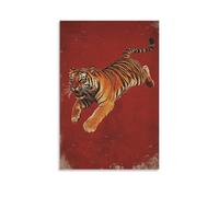 WJJAYLSS Minimalist Tiger Leaping Through Space with Striped Symmetry on Deep Red Matte Background. Contemporary Wall Mural Art Decorative Hanging Poster08x12inch(20x30cm)