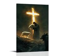 WJJAYLSS The Cross Glows behind Jesus As He Lifts A Lamb And Walks Away from The Open Jaws of A Wolf. Contemporary Wall Mural Art Decorative Hanging Poster20x30inch(50x75cm)