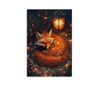 WJJAYLSS The Fire Spirit Fox Curled in A Circle of Petals And Ash, Dreaming Beside An Ancient Lantern Contemporary Wall Mural Art Decorative Hanging Poster08x12inch(20x30cm)