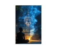 WJJAYLSS The Wind Carries Incense Smoke Upward As A Young Monk Meditates before A Smiling Buddha at Dusk. Contemporary Wall Mural Art Decorative Hanging Poster16x24inch(40x60cm)