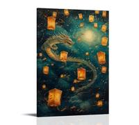 WJJAYLSS The Wind Dragon Curling Around Floating Lanterns in A Starry Night Contemporary Wall Mural Art Decorative Hanging Poster20x30inch(50x75cm)