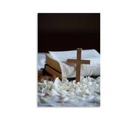WJJAYLSS Under Falling Petals, A Wooden Cross Leans Gently Beside A Wedding Bible Wrapped in White Silk. Contemporary Wall Mural Art Decorative Hanging Poster08x12inch(20x30cm)