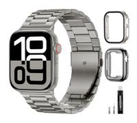 WJK Metal Band Compatible with Apple Watch Bands 45mm For Men Women, Stainless Steel Replacement Strap with 2 Pack Case Screen Protector Compatible for iWatch Series 9/8/7, Titanium