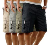 WJL WHISPERING JONES LONDON Mens 4 Pack Cargo Shorts Elasticated Waist Summer Holiday Wear Lightweight Comfortable Multipocket Utility Design, Beige, Black, Charcoal, Khaki, 3XL