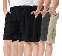 WJL WHISPERING JONES LONDON Mens 4 Pack Cargo Shorts Elasticated Waist Summer Holiday Wear Lightweight Comfortable Multipocket Utility Design, 2X Black, 1x Charcoal, 1x Beige, XXL