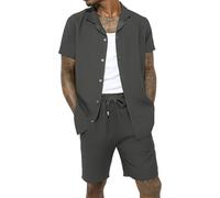 WJL WHISPERING JONES LONDON Mens Crinkle Textured Co-ord Shirt Short Set Anti Wrinkle Two Piece Breathable Top & Bottom Summer Beach, Charcoal, M