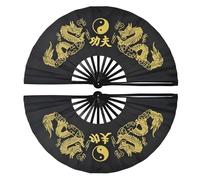 WJLYDM 33cm Tai Chi Fan Kung Fu Fan Martial Arts Double Fan Printed Double Dragon Multicolor(Black,2pcs)
