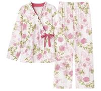 WJLYDM Spring Autumn V-Neck Pyjamas Female Pajamas Sets Elegant Floral For Women Big Yards M-4XL Cotton Yukata(Color-08,L)