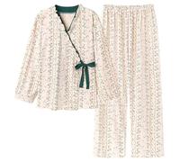 WJLYDM Spring Autumn V-Neck Pyjamas Female Pajamas Sets Elegant Floral For Women Big Yards M-4XL Cotton Yukata(Color-11,XXL)
