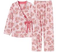 WJLYDM Spring Autumn V-Neck Pyjamas Female Pajamas Sets Elegant Floral For Women Big Yards M-4XL Cotton Yukata(Color-07,XL)