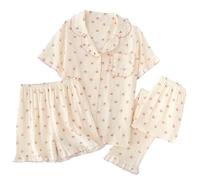 WJLYDM Summer Women Pajamas 3 Pieces Set Gauze Cotton Female Sleepwear Bedroom Short Sleeved Long Pants + Shorts Woman PJs(Color-11,XL)