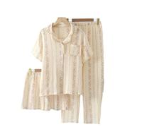 WJLYDM Summer Women Pajamas 3 Pieces Set Gauze Cotton Female Sleepwear Bedroom Short Sleeved Long Pants + Shorts Woman PJs(Color-15,L)