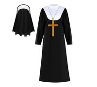 WJnflQN Nun Costume - Cross Pendant Necklace Headdress Outfit - Nun Outfit Dress Set for Women Adults Halloween Party Church Event Religious Festival Photography Prop Cosplay