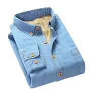 Wjnvfioo Men Jeans Fleece Lined Fleece Shirts Winter Warm Denim Dress Shirt Button Down Male Bottoming Men's Shirt Light Blue