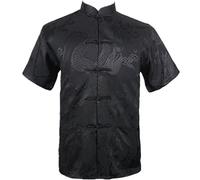 Wjnvfioo Navy Blue Men's Silk Satin Shirt Top Chinese Short Sleeve Garment Kung Fu Suit Top