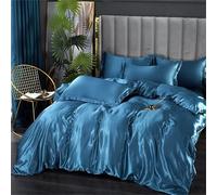 Wjnvfioo Silk Bedding Set Duvet Cover Bed Sheet Pillowcase Luxury Satin Bedsheet Solid Color Double Single Bedding Set Paris Blue Family Suite 5pcs