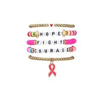 WJR 5 Pcs Breast Cancer Bracelets Pink Ribbon Heishi Surfer Bracelets Pink Red Stackable Bracelets Set HOPE FIGHT Breast Cancer Survivor Support Jewelry Gifts, M, Zinc, no gemstone