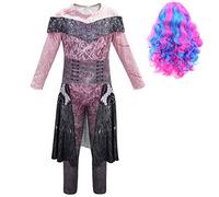 WJSXEQS Descendants Dress up Set Halloween Costume Wig & Bodysuit Kids Party Outfit World Book Day Costumes for Girls (Black, 8-9 Years)