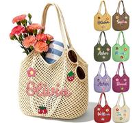 WJunEYao Custom Crochet Beach Bag, Personalised Name Boho Summer Tote, Lightweight Woven Holiday Handbag for Travel, Pool, Daily Gift for Women and Girls