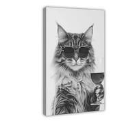 WJWART Maine Coon Cat Drinking Wine Canvas Poster Bedroom Decor Landscape Decor Gift 12x18inch(30x45cm)
