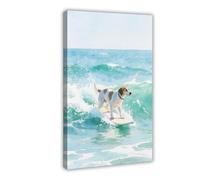 WJWART Watercolour Painting of A Dog Surfing on The Sea Canvas Poster Bedroom Decor Landscape Decor Gift 16x24inch(40x60cm)