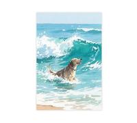 WJWART Watercolour Painting of A Dog Surfing on The Sea Canvas Poster Bedroom Decor Landscape Decor Gift 24x36inch(60x90cm)