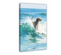 WJWART Watercolour Painting of A Dog Surfing on The Sea Canvas Poster Bedroom Decor Landscape Decor Gift 08x12inch(20x30cm)