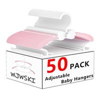 WJWSKI Children's Clothes Hangers, 29-37 cm, Growing Children's Hangers, Pack of 50, Stackable Baby Hangers with Trouser Stand, Space-Saving, Non-Slip Plastic, White, Pink